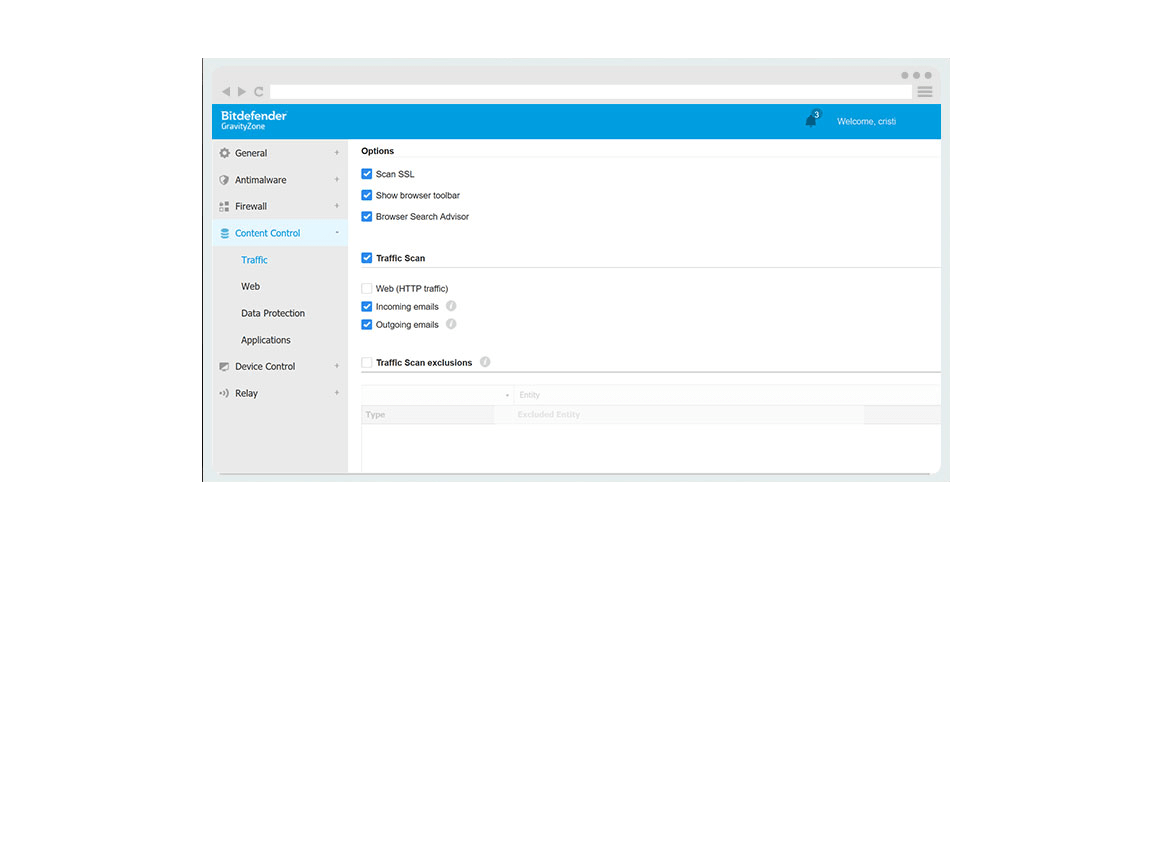 Interfaz de GravityZone Business Security: ejemplo de captura de pantalla de los ajustes del Control de contenido