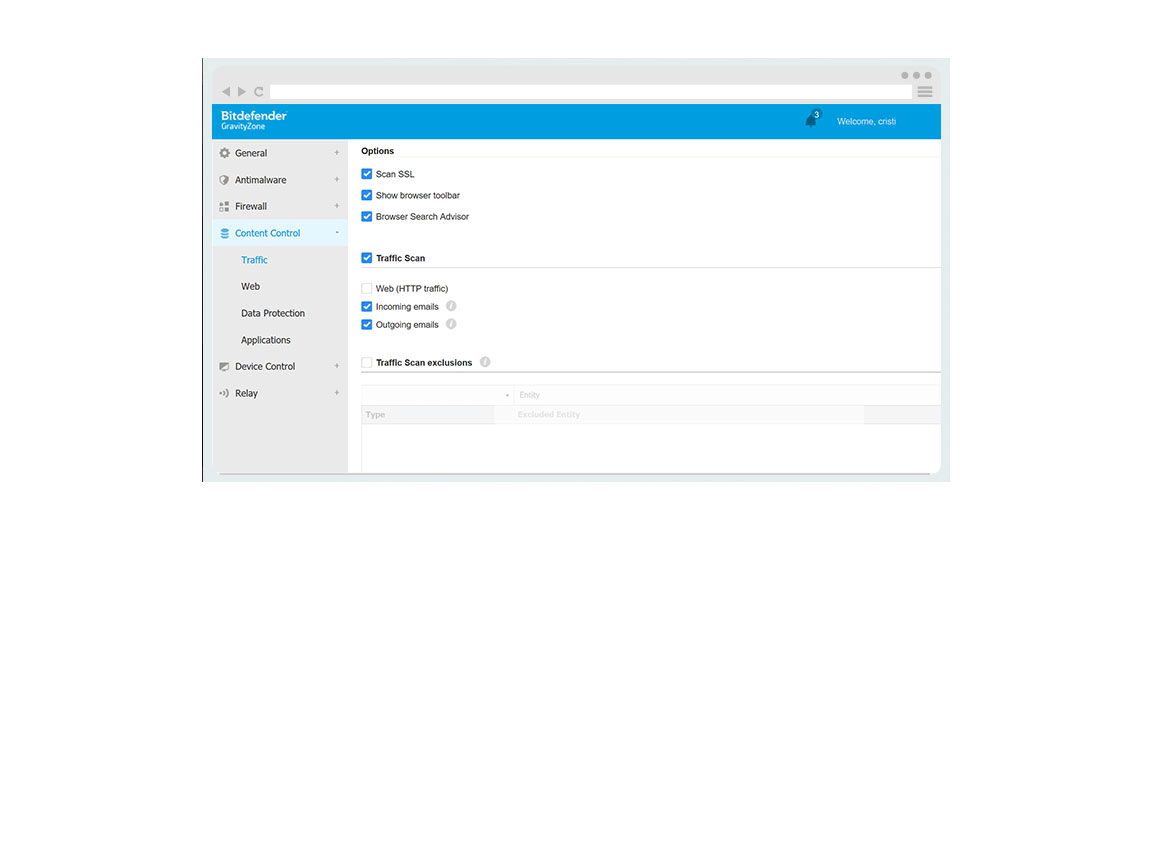 GravityZone Business Security Interface- Content Control  settings screenshot example