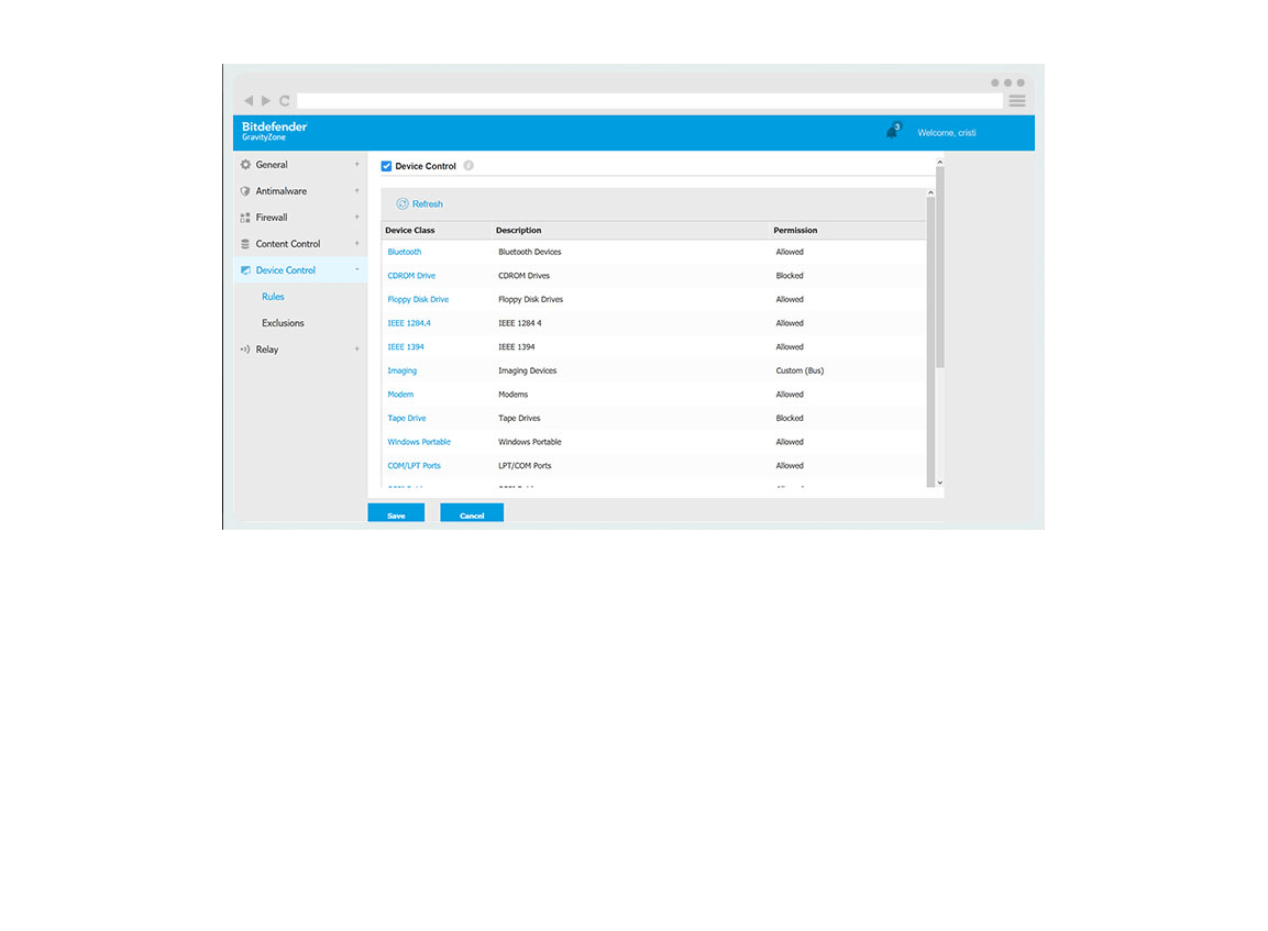 GravityZone Business Security-Benutzeroberfläche - Beispiel-Screenshot der Gerätesteuerungseinstellungen