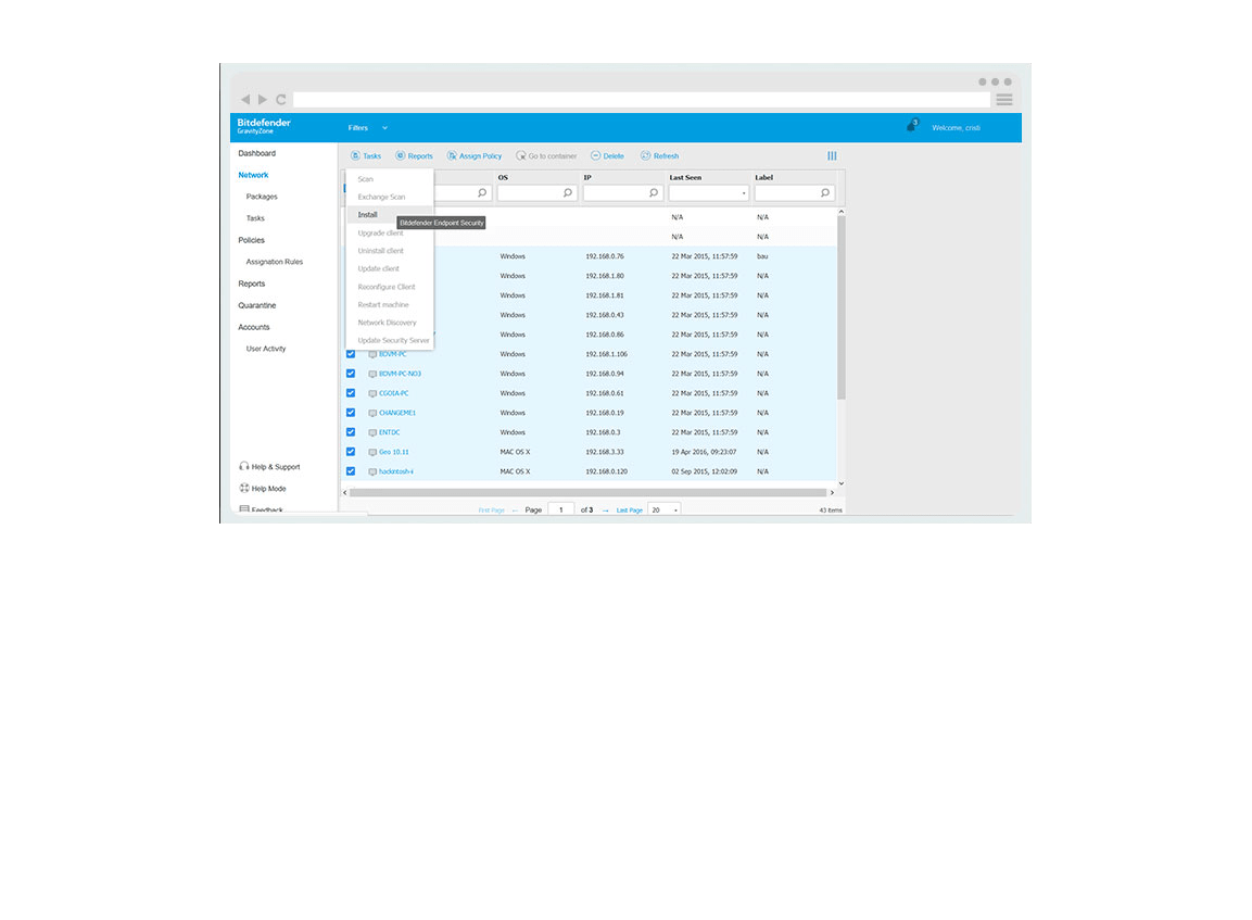 Interface do GravityZone Business Security -Exemplo de captura de tela das definições de rede