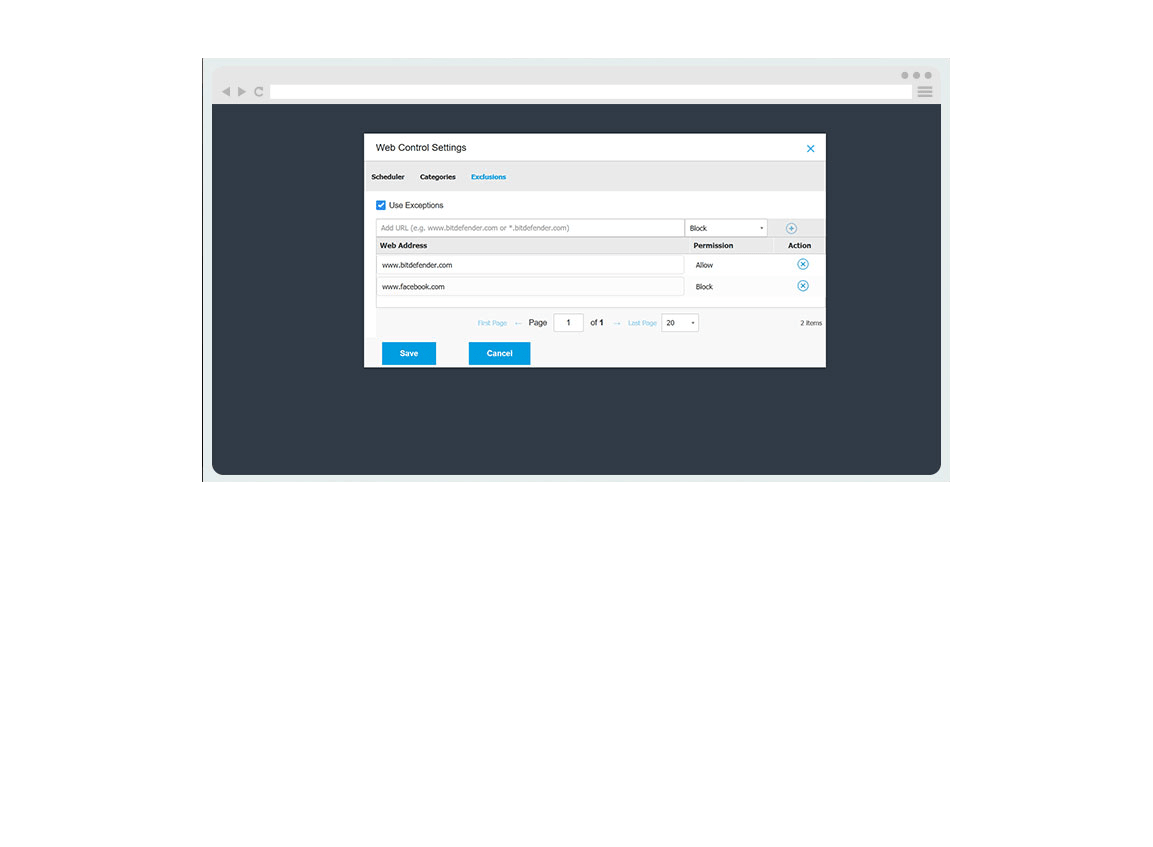 Interfața GravityZone Business Security - Exemplu captură de ecran setări Control web